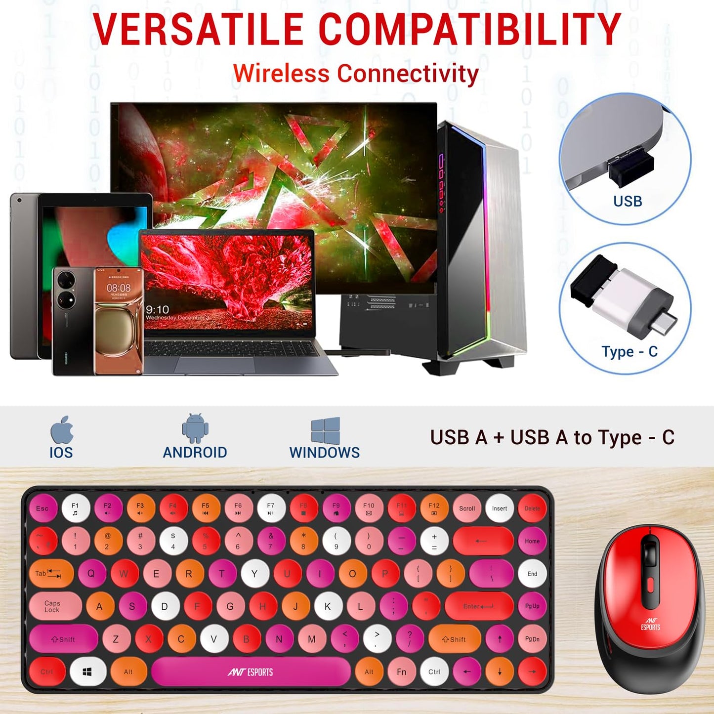 Ant Esports WKM33 Wireless Retro Keyboard and Mouse Combo – Cherry Red