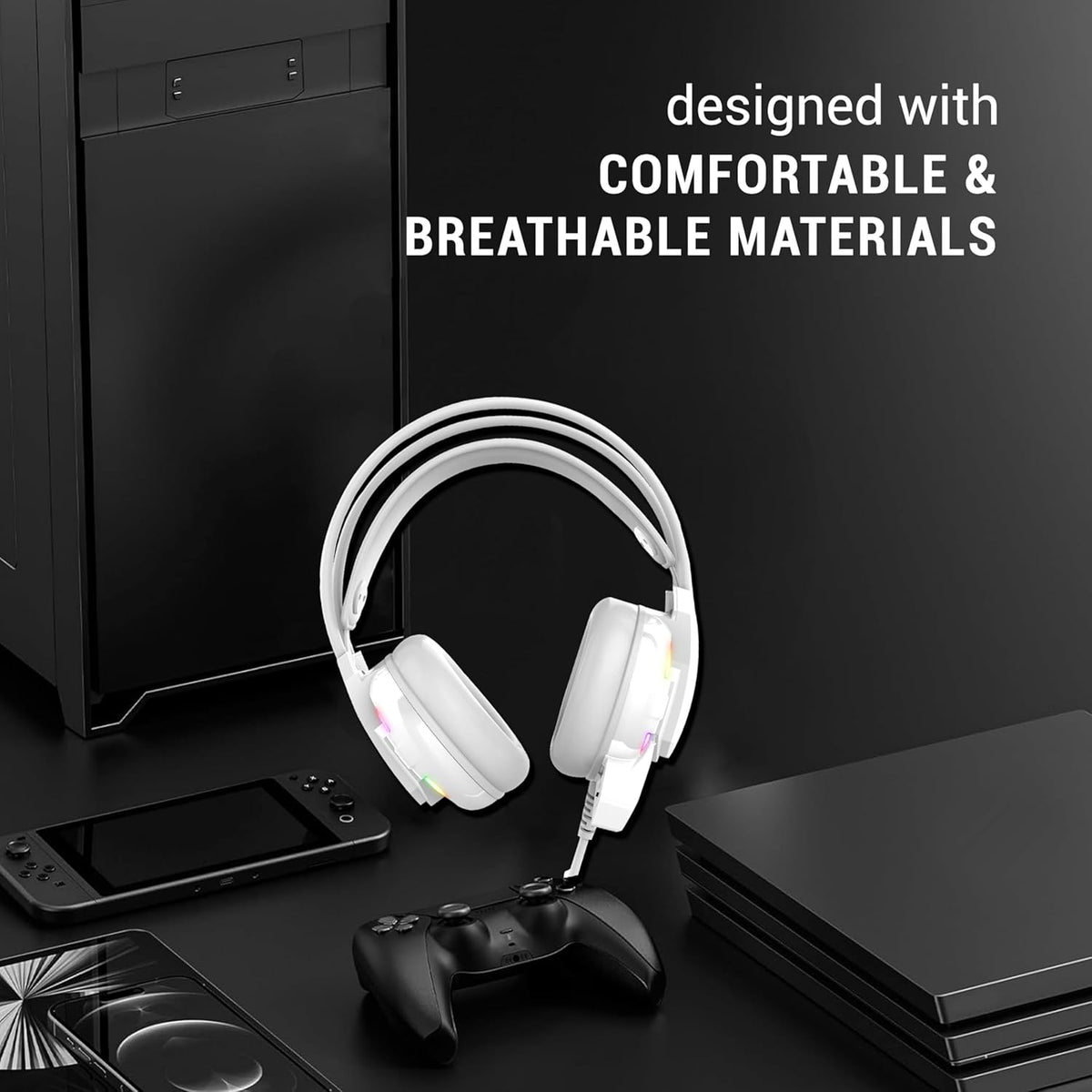 Ant Esports H525 Pro RGB Gaming Headset Gaming Over Ear Wired Headphones with Mic Mobile_White