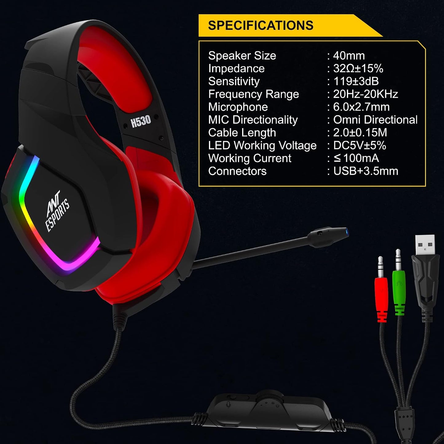 Ant Esports H530 RGB Gaming Headset - Black Red