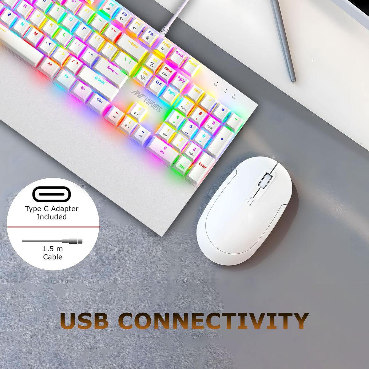 Ant Esports MK4100 RGB Mechanical Wired Gaming Keyboard White Hot-Swappable Per-Key RGB Brown Outemu Switches