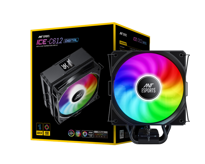 Ant Esports ICE-C612 Digital Single Tower 120mm ARGB AM5/LGA1851 Black Air Cooler with temperature display