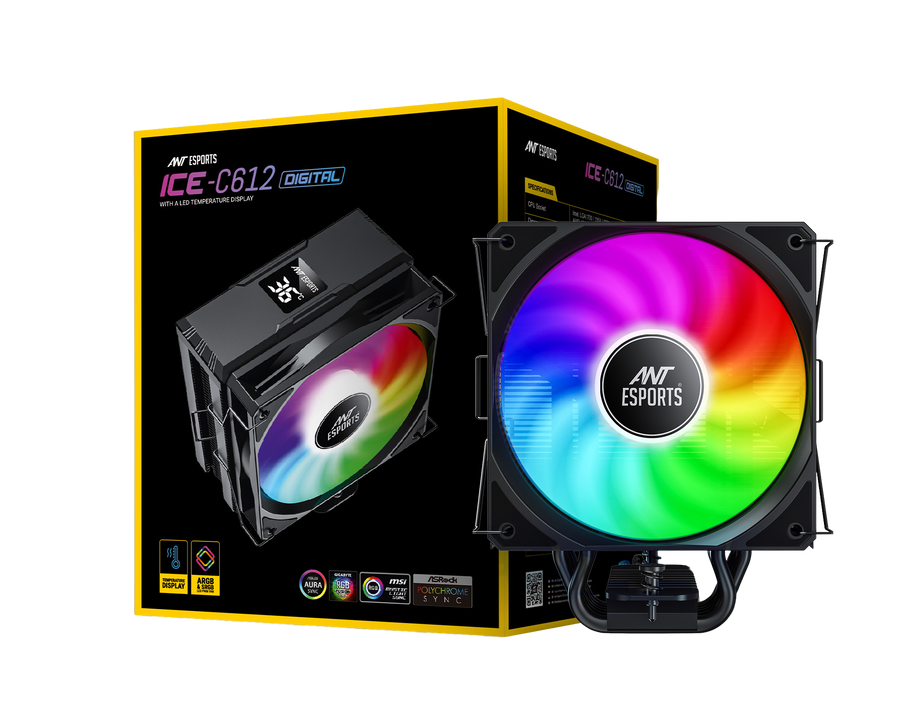 Ant Esports ICE-C612 Digital Single Tower 120mm ARGB AM5/LGA1851 Black Air Cooler with temperature display