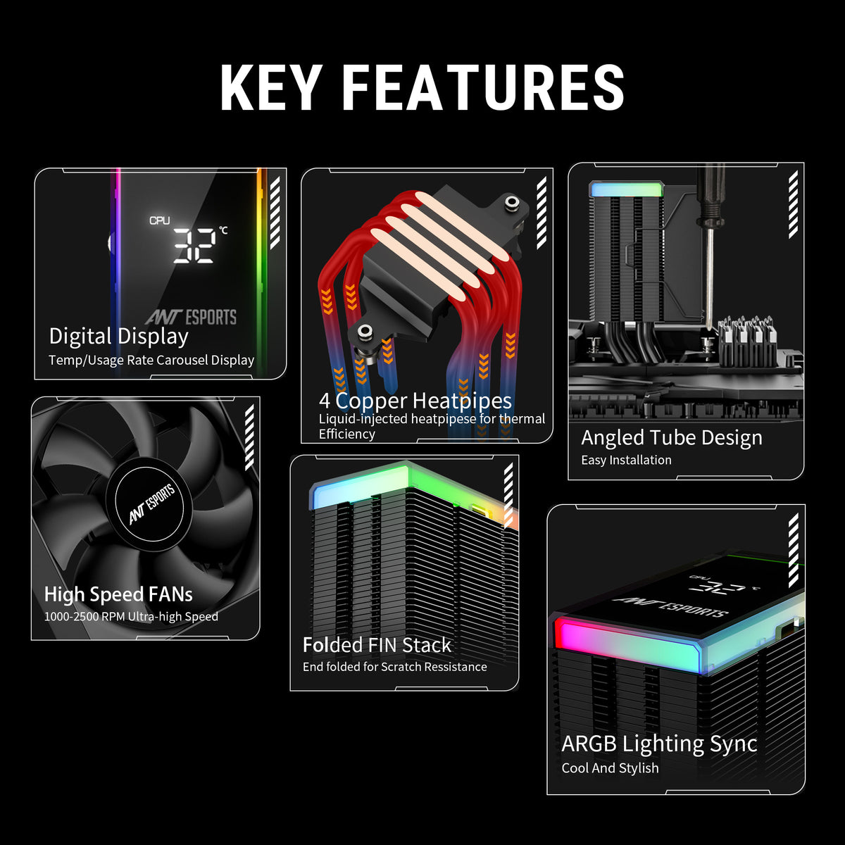Ant Esports V4 Digital ARGB LGA1851/AM5 Black CPU Air Cooler