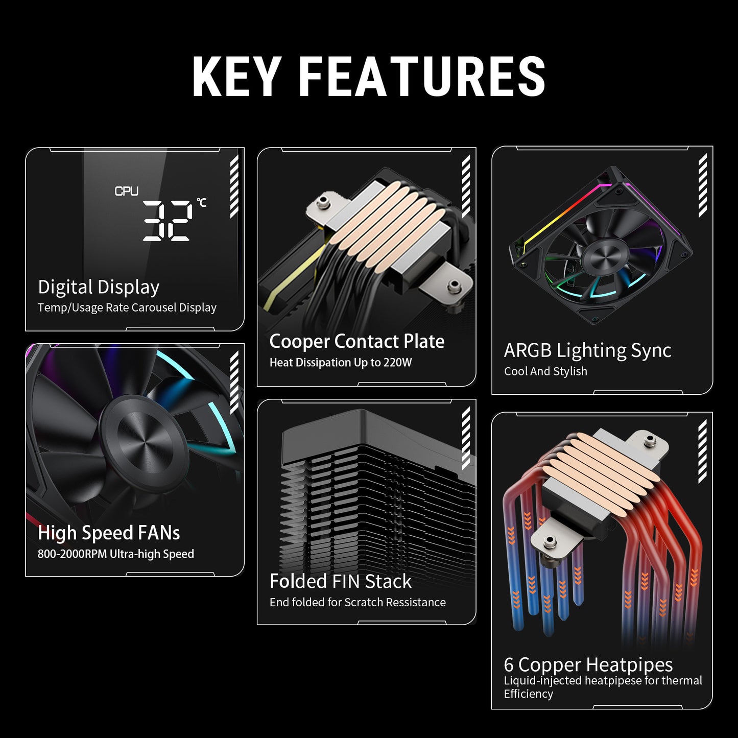 Ant Esports V6 Digital ARGB LGA1851/AM5 Black CPU Air Cooler