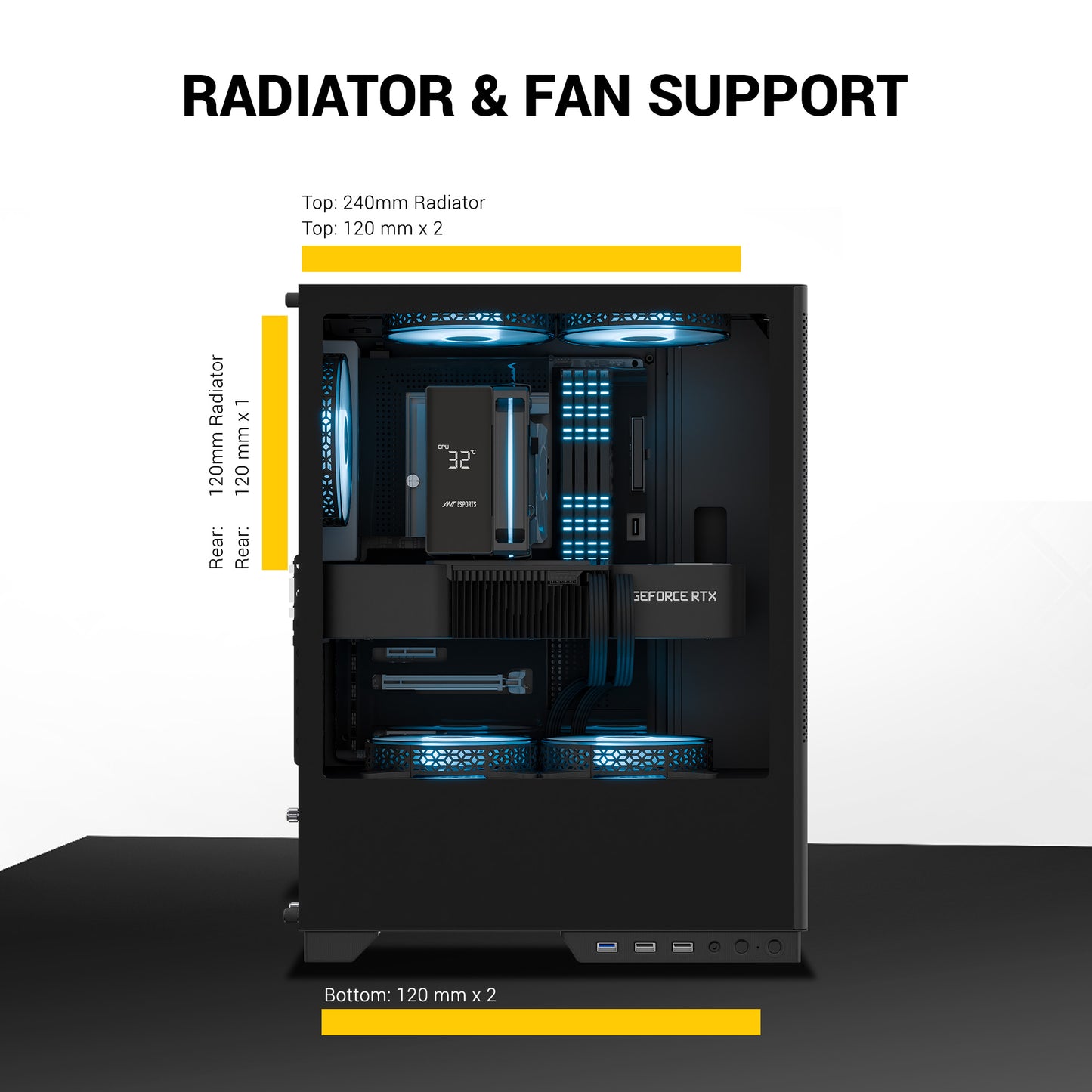 Ant Esports X2 LCD Mid Tower (ATX/M-ATX/M-ITX) Black Cabinet with 3x120mm Fans